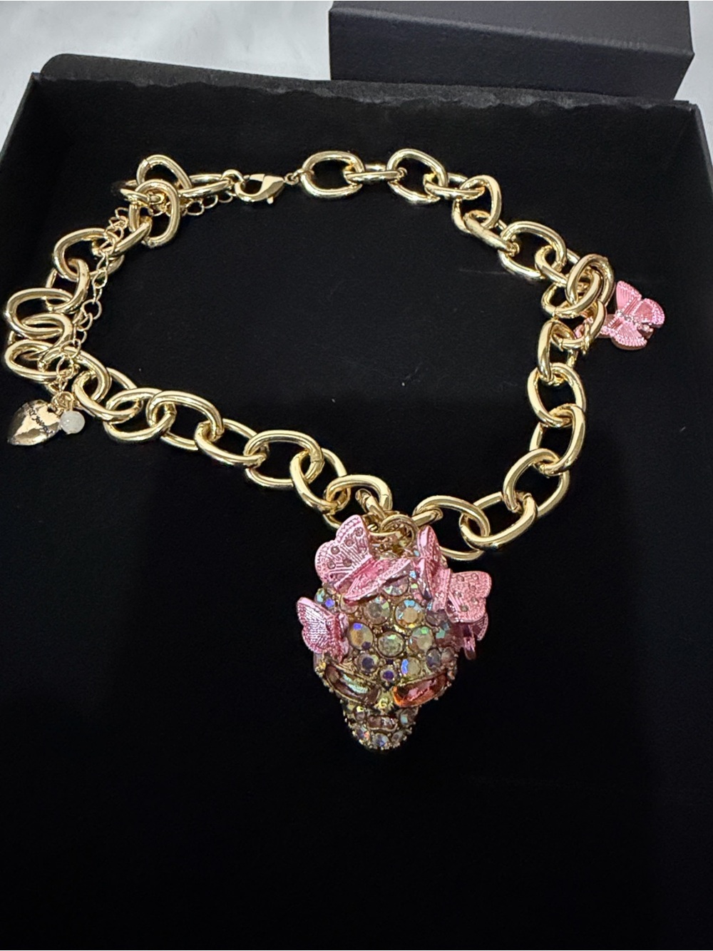 Betsey Johnson Pink Crystal Skull Gold Tone Statement Necklace Bow Charm